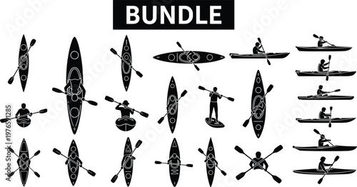Black silhouette icons of kayaking, paddleboarding, and paddlers with oars, outdoor water sport bundle illustration for adventure activities