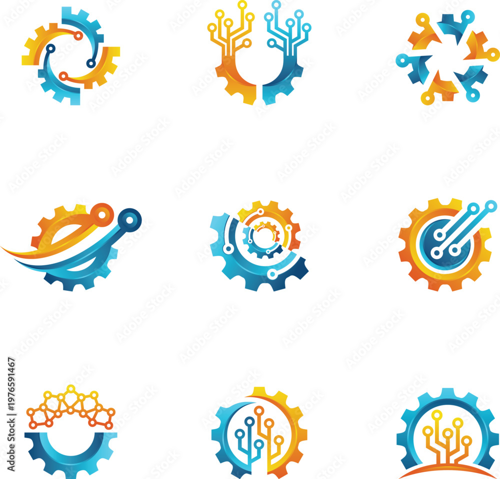Fototapeta premium Colorful technology gear icons, modern vector illustration combining mechanical shapes with digital circuits, innovation, connectivity, engineering, and progress design elements
