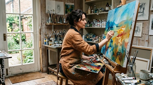 Artist painting a vibrant abstract landscape in a sunlit studio.