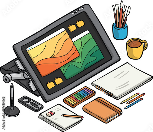 Digital artist workspace with drawing tablet, colorful abstract design, creative tools, pencils, brushes, coffee mug, organized illustration environment