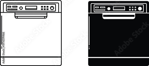 Dishwasher icons with outlined and filled styles, modern appliance vector illustration, kitchen equipment design for household and cleaning themes
