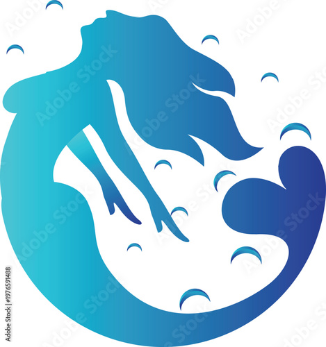 Elegant mermaid silhouette in blue gradient, fantasy aquatic vector illustration with flowing hair and waves, mythology sea creature design for decoration