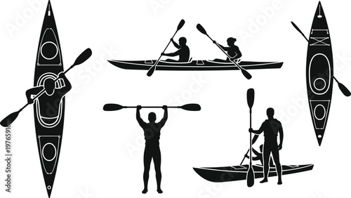 Kayaking silhouette illustration with solo and tandem paddlers, outdoor adventure vector artwork, water sport design for travel and recreation themes
