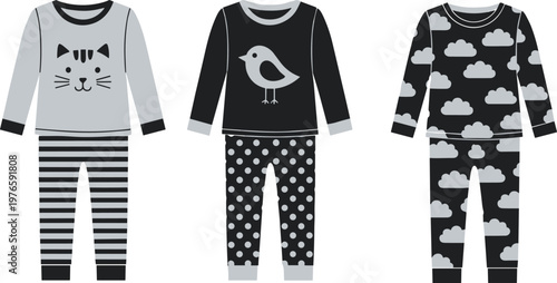 Solid silhouette vector icons set of children pajamas with cat face, bird illustration, cloud pattern, cozy sleepwear designs, nightwear collection