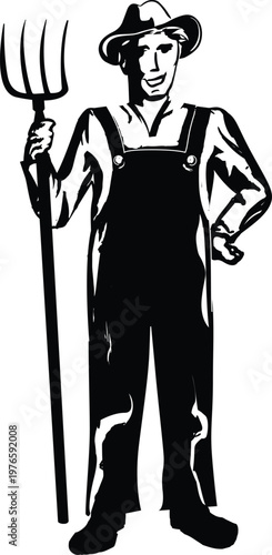 Vintage farmer silhouette holding pitchfork, rustic brown vector illustration of agriculture worker in overalls and hat for rural heritage design