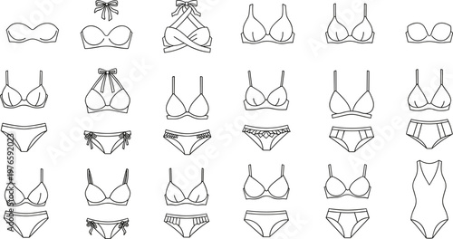 Women’s lingerie and swimwear outline illustration, fashion garment design vector artwork, catalog style drawing for apparel and clothing themes