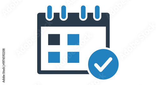 Professional vector illustration of a clean calendar icon featuring a bold blue checkmark symbol to indicate an appointment completion for scheduling management and daily organization tasks