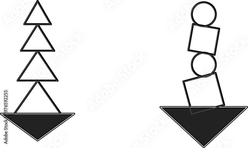 Hand-drawn minimalist black and white vertical stacks of geometric shapes pointing into large arrowhead illustration