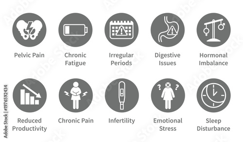 Women health icons set representing common symptoms and medical conditions including pelvic pain fatigue irregular periods digestive issues hormonal imbalance infertility emotional stress reduced prod