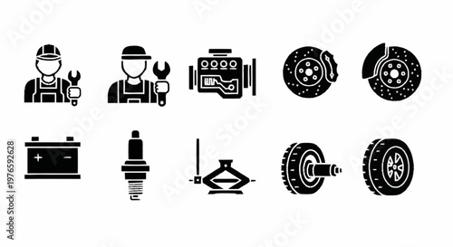 Car repair service icons set, automotive mechanic and spare parts vector collection, black solid glyph symbols for garage maintenance and vehicle diagnostics