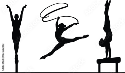 Set of gymnastic silhouettes featuring rhythmic ribbon performance and artistic balance poses on white background