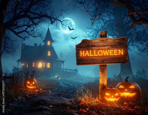 Spooky Halloween Night with Haunted House and Jack-o-Lanterns.