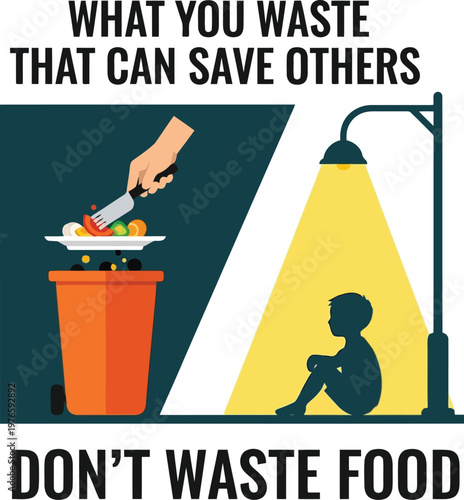 concept illustration about food waste awareness showing thrown away meal versus hungry child in poverty