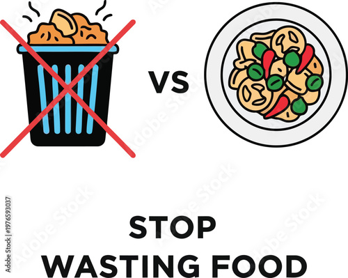 Stop Wasting Food Concept Illustration Comparing Discarded Scraps Versus Healthy Meal On A Plate Design