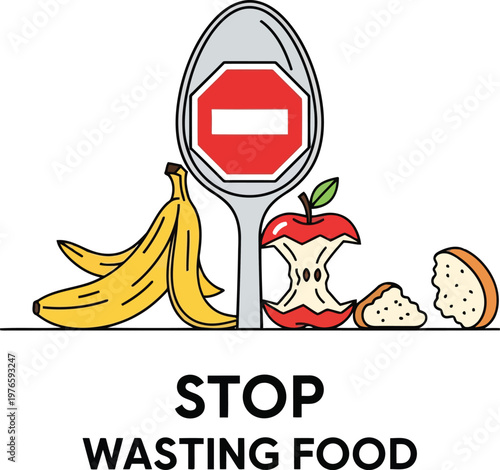 Stop Wasting Food Concept Illustration with Spoon and Prohibited Sign Symbolizing Global Hunger Crisis Awareness