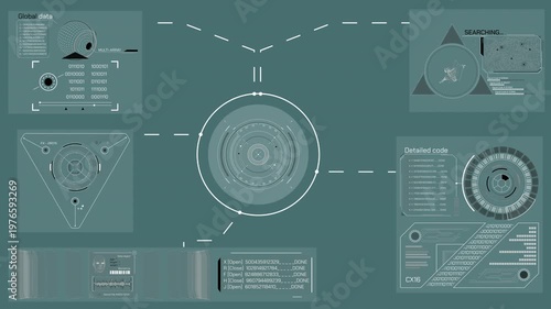 Animated display showing data search, analytics, coding, and database access