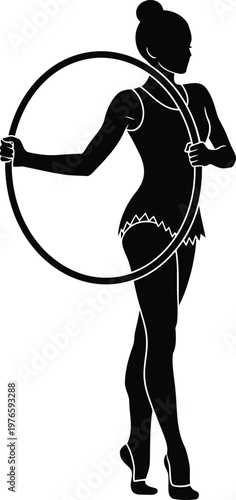 Black silhouette of a rhythmic gymnast posing with a hoop isolated on white background vector