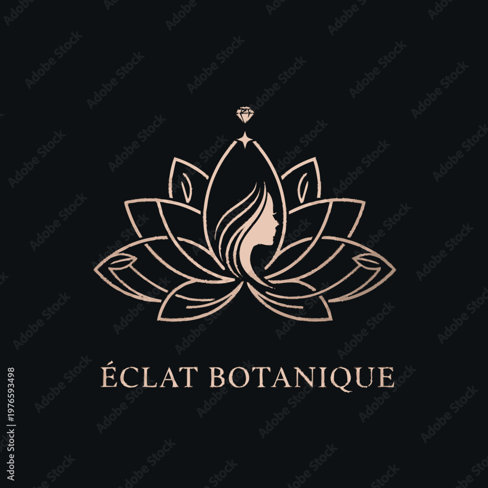 Fototapeta premium Elegant Lotus Flower Logo with Woman Silhouette and Text.