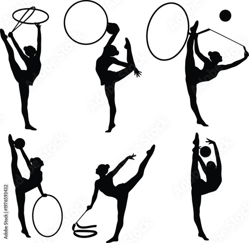 Set of rhythmic gymnastics silhouettes featuring professional athletes performing graceful poses with ribbon hoop ball