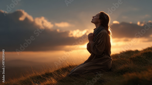 Woman kneeling on grassy hill at sunset in prayerful pose with warm golden sky and dramatic cloudscape, peaceful outdoor scene
