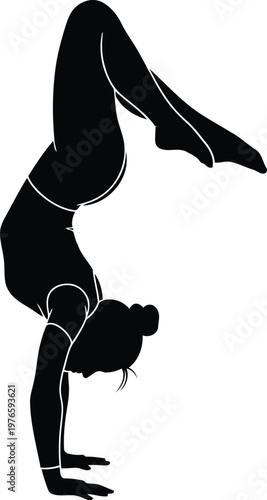 Black silhouette of a female gymnast performing a handstand pose isolated on white background