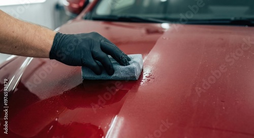 Applying ceramic coating to red car hood showing contrast