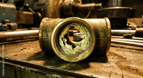 Close-up of brass T-fitting with heavy limescale buildup