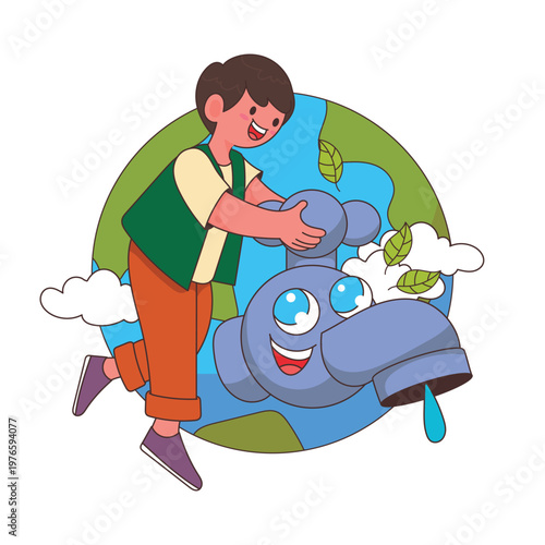 A cute boy mascot closing a water tap on top of the globe. A flat vector illustration for water conservation, global environmental awareness, and earth day message.