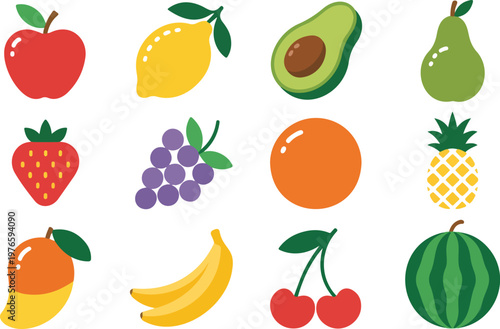 Fresh fruit and berry collection icons featuring apple lemon avocado pear strawberry grapes orange pineapple mango banana cherry watermelon.