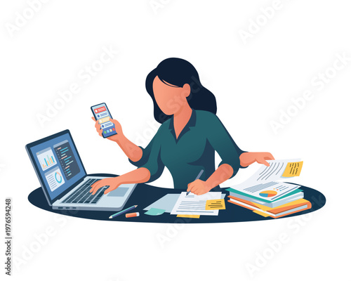 Multitasking businesswoman working with laptop and smartphone, productivity concept