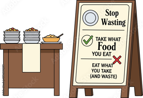 Educational poster promoting food waste reduction and sustainable eating habits in a buffet restaurant setting