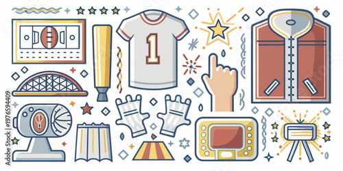 Sports equipment and fan gear including jacket jersey baseball bat gloves television with fan support baseball television equipment competition spectator illustration collection assortment