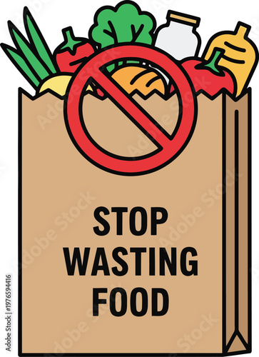 Stop Wasting Food Concept Illustration Featuring A Brown Paper Grocery Bag With Fresh Produce Items