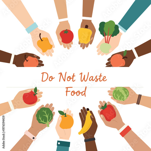 diverse hands holding fresh healthy fruits and vegetables concept illustration for sustainable food waste reduction