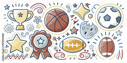 Collection of sports icons with basketball soccer football american football hand drawn basketball football champion competition celebration achievement athletic championship recognition