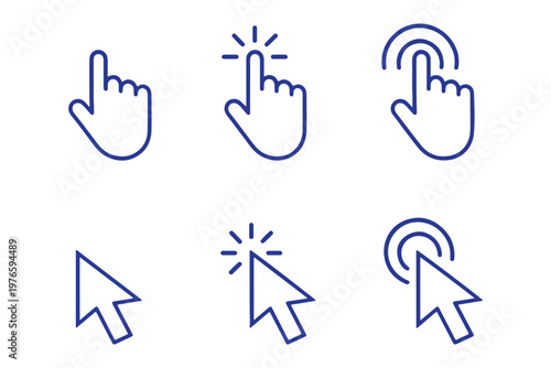 Five simple line art icons illustrating hand pointing and touching digital screen with subtle press indication effects