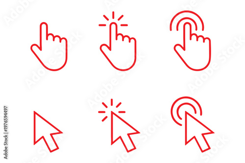 Five simple line art icons illustrating hand pointing and touching digital screen with subtle press indication effects