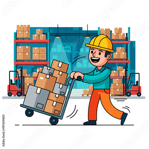 Warehouse Worker Moving Cardboard Boxes with Hand Truck Dolly Logistics Distribution Concept