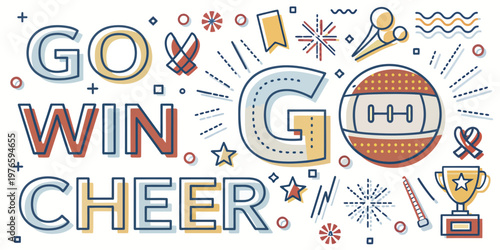 Go win cheer with american football and trophy pep rally school spirit flat design football celebration teamwork competition champion encouragement enthusiasm achievement decoration