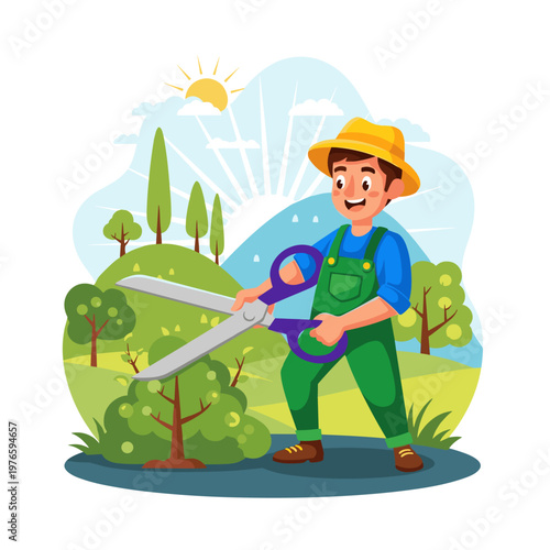 Cartoon gardener trimming green bushes with garden shears in nature outdoor setting