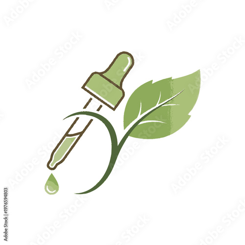 Natural Essential Oil Dropper with Leaf Icon.