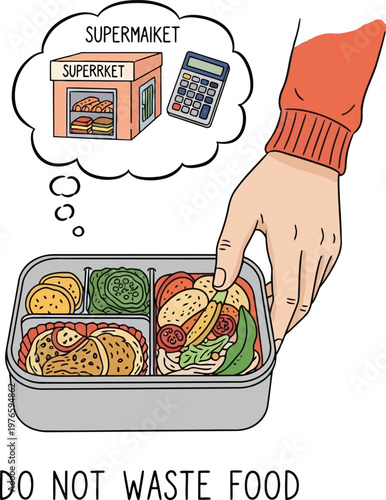 hand holding lunch box with supermarket thought bubble concept for food waste and saving money