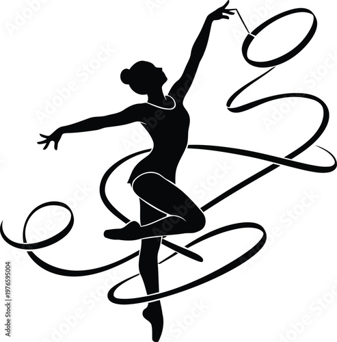 Black Silhouette of Rhythmic Gymnast Performing Graceful Ribbon Dance Performance Isolated on White Background Vector