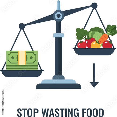 Conceptual illustration of food waste versus money value on balance scale for environmental sustainability awareness