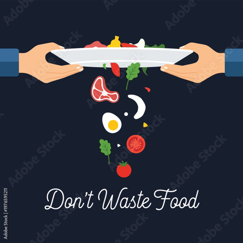 Don't Waste Food Concept Illustration Showing Healthy Fresh Ingredients Falling From Plate Onto Black Background