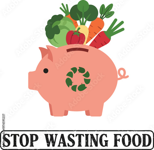Piggy bank with fresh vegetables illustrating concept of saving money and reducing food waste awareness