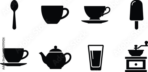 Foto Black silhouette kitchen beverage icons set, spoon cup teacup popsicle teapot co