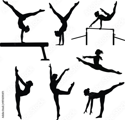 collection of professional female gymnast silhouettes performing athletic balance beam and floor exercise sport poses