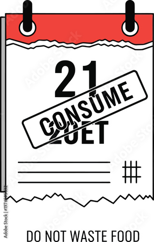 calendar page illustration with consume by date stamp for food waste awareness and sustainability concept