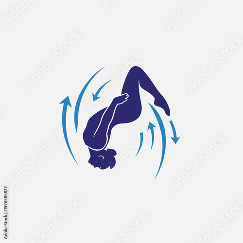 Abstract silhouette of a person performing a flip with circular motion arrows for sports concept